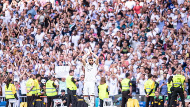 Karim Benzema pictured shortly after scoring a goal for Real Madrid in his final game for the club in June 2023